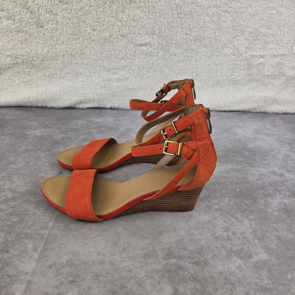 Franco Sarto L-DANI Orange Leather Wedge Sandals Ankle Strap Womens 7.5M